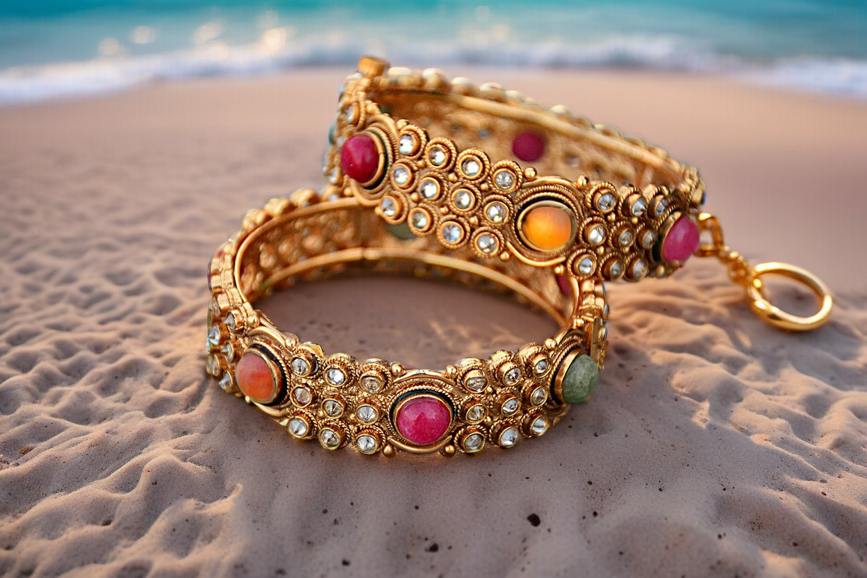 a professional photo of an bracelets against beautiful sunset in beach,