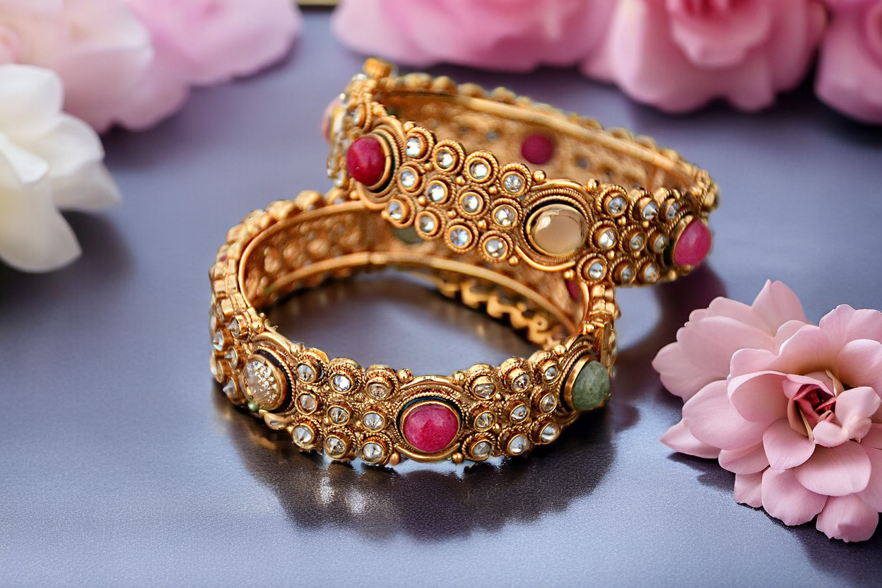 a professional photo of an bracelets surrounded with luxury flowers