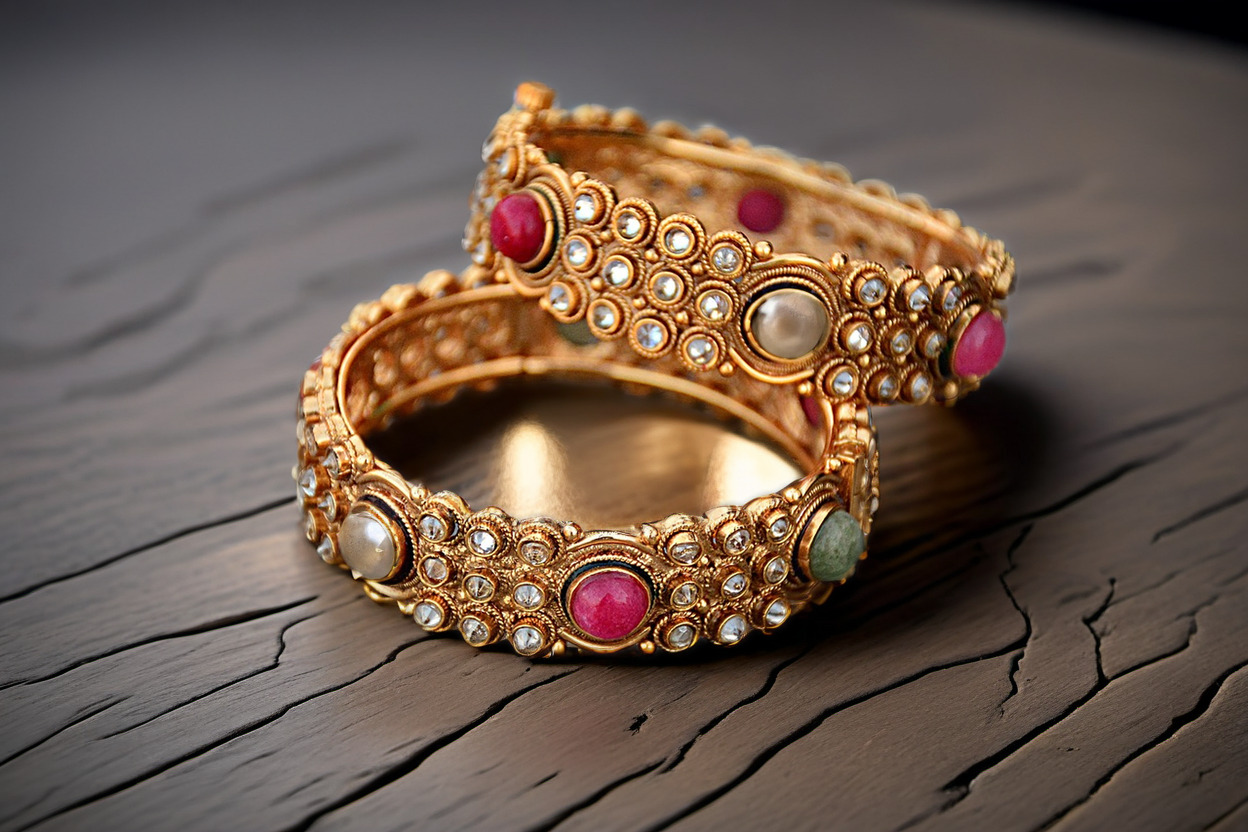 Create a stunning, professional photograph of a bracelet on a wood surface