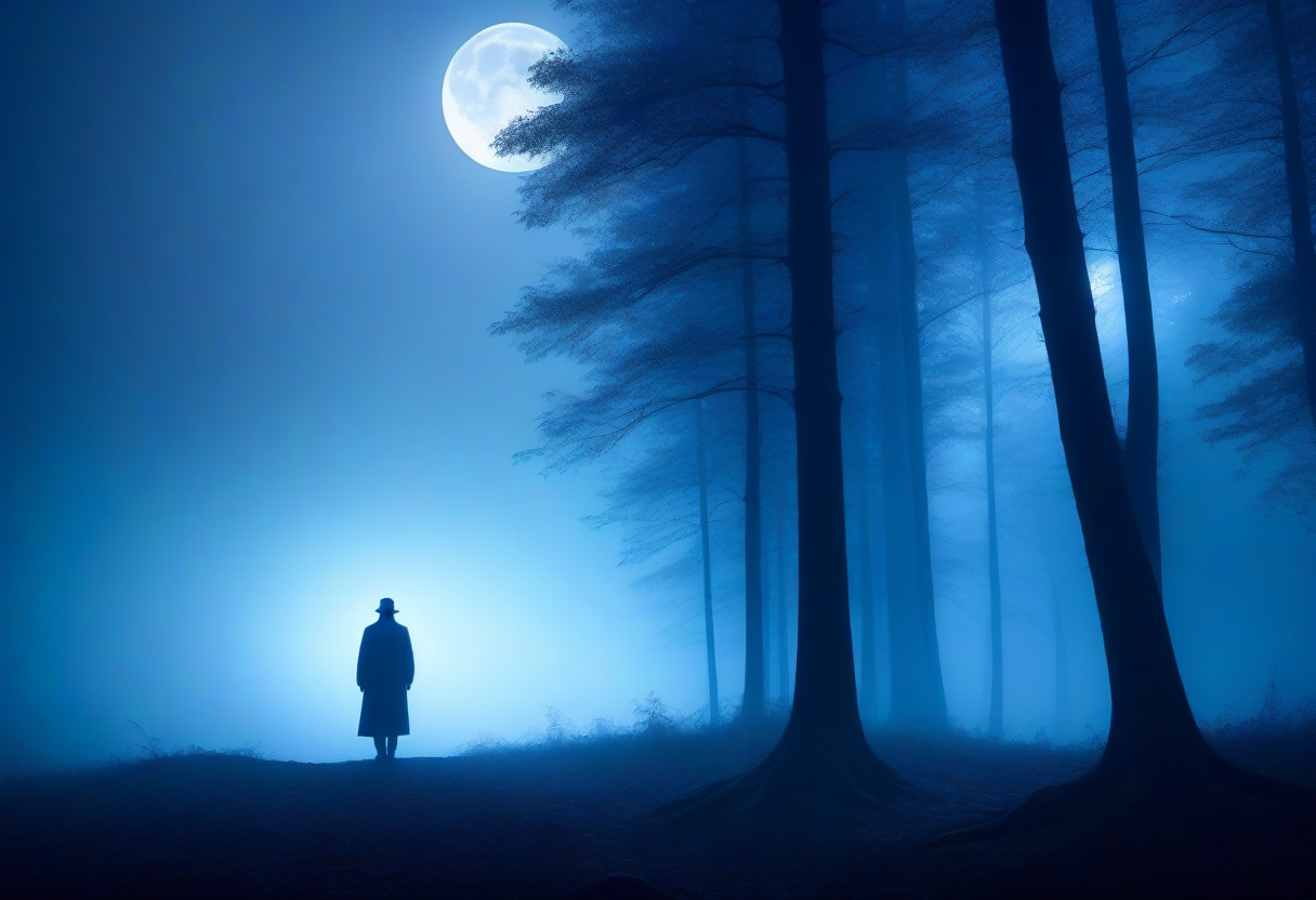 Mysterious figure, standing, moonlit forest, fog, blue hues, impressionist style, focus on silhouette, dramatic lighting, sharp details, photorealistic, ultra HD, 8K.