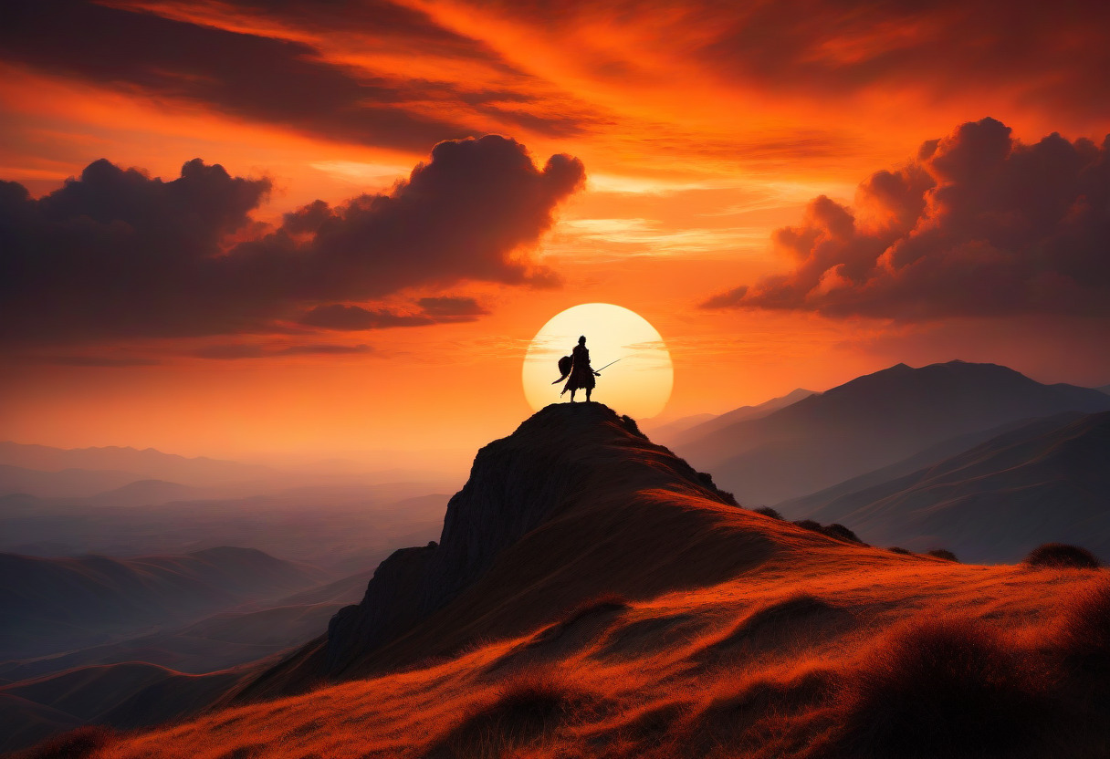 Ancient warrior, poised, atop a windswept hill, sunrise backlighting, intense shadows, vibrant orange sky, dramatic clouds, cinematic, high resolution.